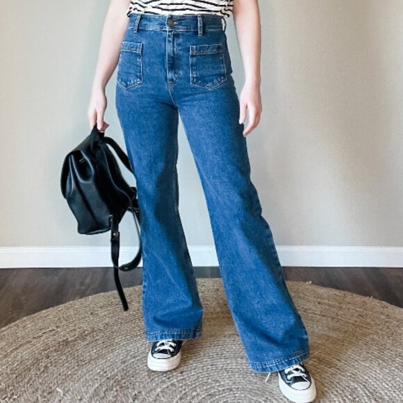 🇫🇷 SÉZANE ✨ 70’s Trousers in Blue | FR 40 US 8 | High-Rise Wide-Leg - Picture 3 of 14